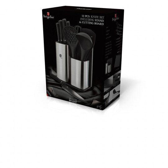 Berlinger Haus 12 részes kés-és konyhai eszköz készlet állvánnyal és vágódeszkával, fekete-ezüst