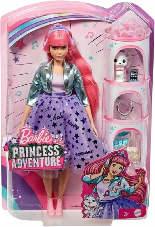 Barbie: Hercegnő kaland - Rózsaszín hajú molett baba kiscicával