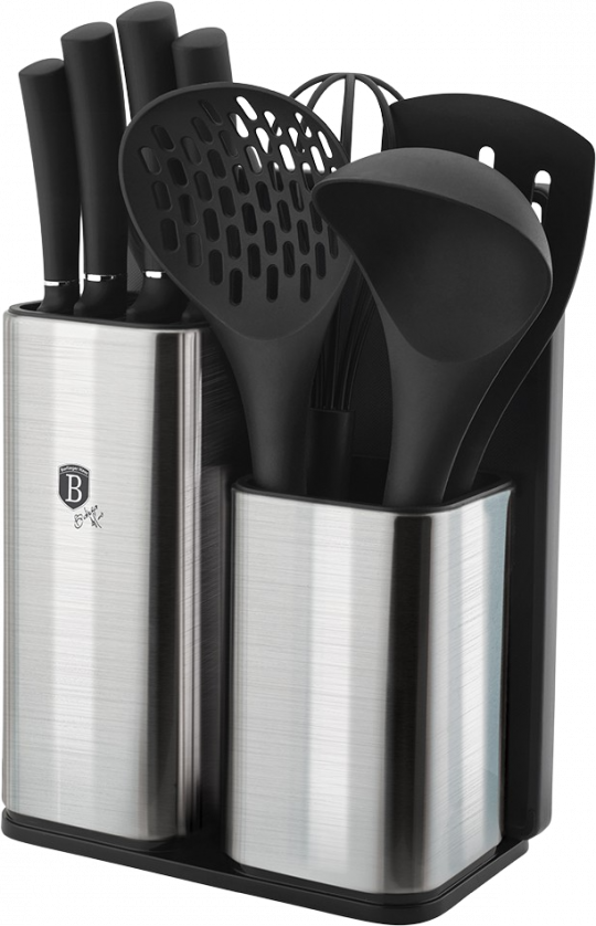 Berlinger Haus 12 részes kés-és konyhai eszköz készlet állvánnyal és vágódeszkával, fekete-ezüst